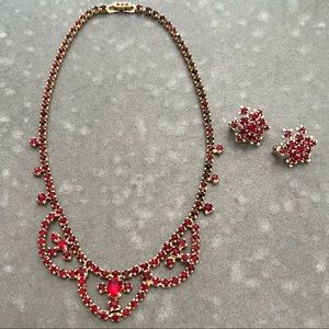 Vintage Gold and Red Gemstone Necklace and Pin Set